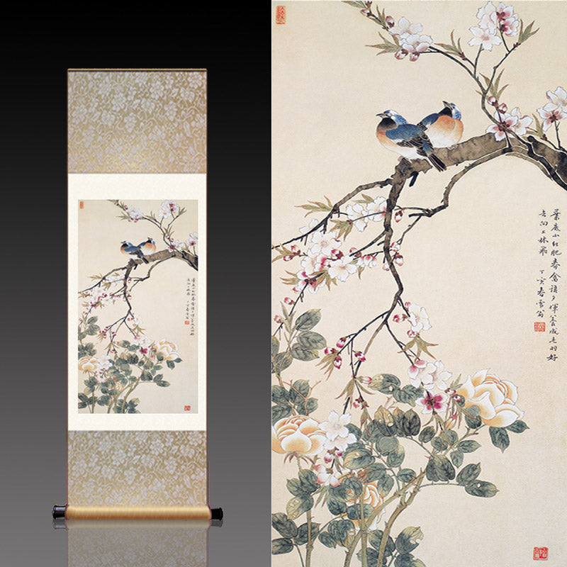 Traditional Chinese Paiting Reproduction Flower and Bird「Peace and Prosperity」Silk Scroll Hanging Painting Wall Decoration Art-01