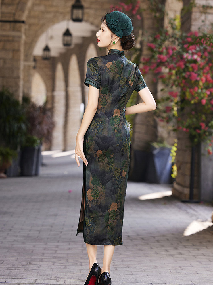 Green Vintage Jacquard Floral Printed Qipao Cheongsam Dress-04