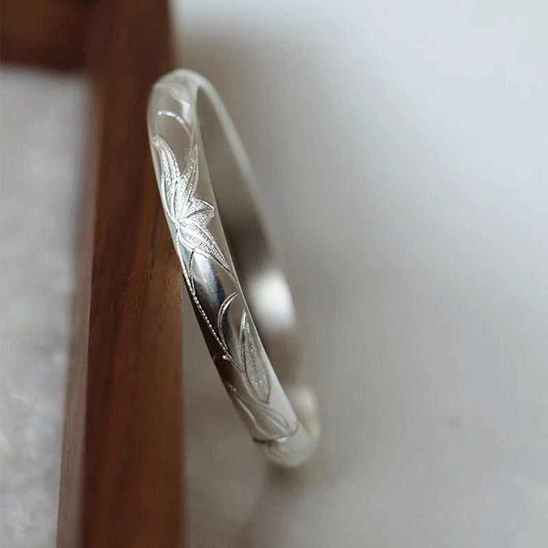 Hand Carved Vintage Chinese Bamboo Leaf Pattern Pure Solid Silver Bangle Bracelet Jewelry Gift-02