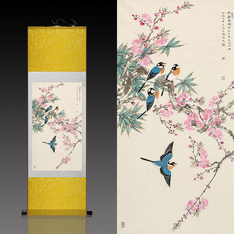 Beautiful Chinese Painting - Early Spring Lucky Flowers Peach Blossom and Four Magpies Silk Scroll Hanging Painting Wall Decoration Art-09