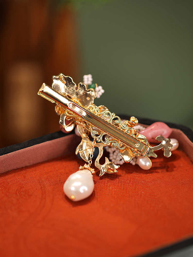 Chinese Blue Enamel Floral Hair Clip with Pearl Accents-05