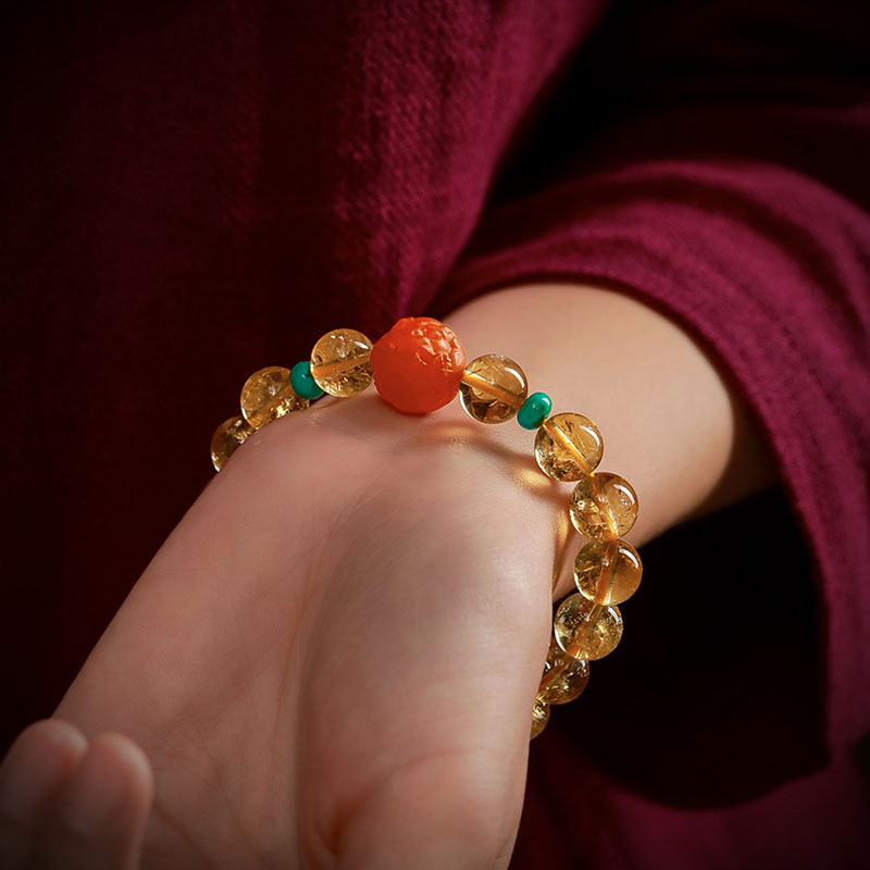 Natural Yellow Citrine Bracelet with South Red Agate Pixiu and Turquoise Beads-06