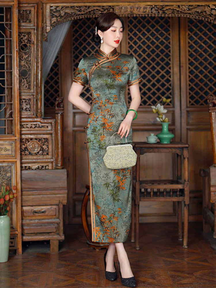 Chinese Style Vintage Bamboo Leaf and Flower Printed Cheongsam Dress for Women in Light Aqua Green Traditional Color-03