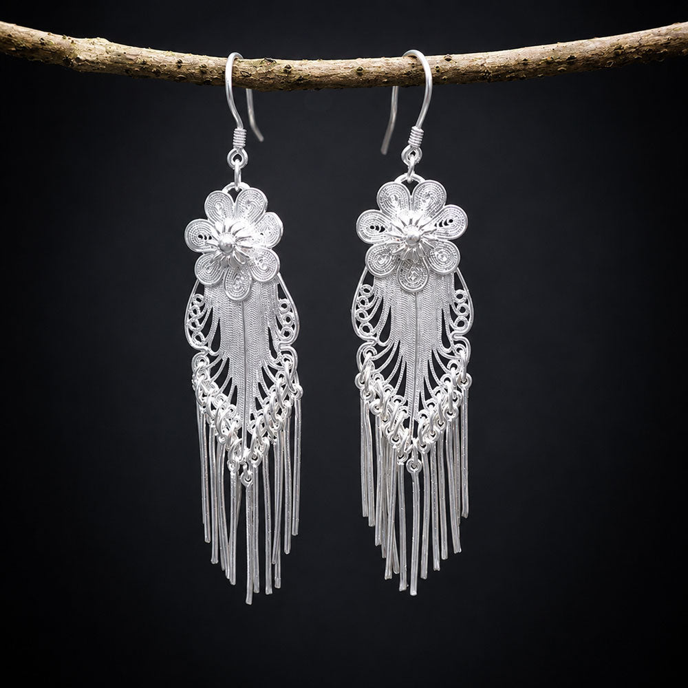 Plum Blossom Filigree Tassel Earrings in 999 Fine Silver-04