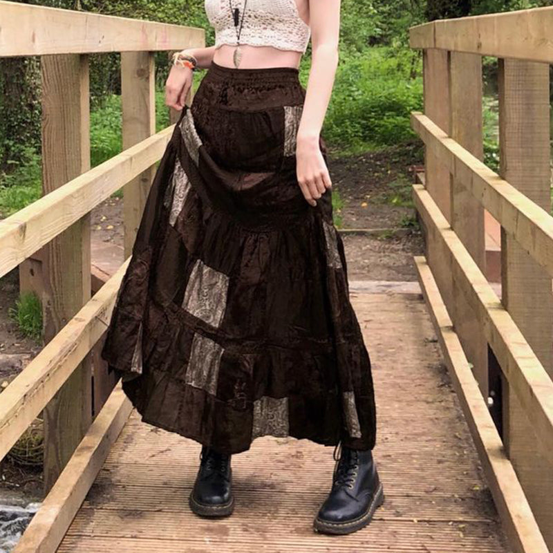 Vintage Velvet Patchwork Retro Tribal Print Skirt: Embrace the Wasteland Fashion Trend-04