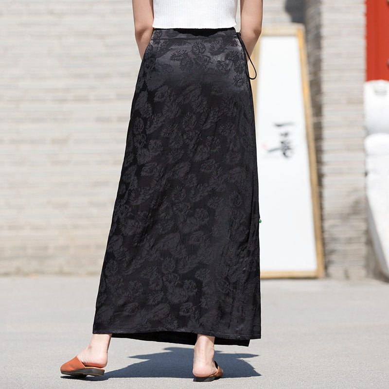 Black Vintage Chinese-style Feather Dark Pattern Jacquard Midi Skirt for Women-06