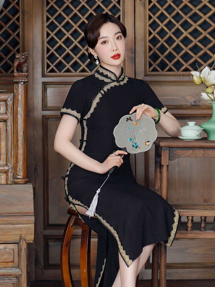 Vintage Elegant Black Long Cheongsam Dress with Lace Trim-04