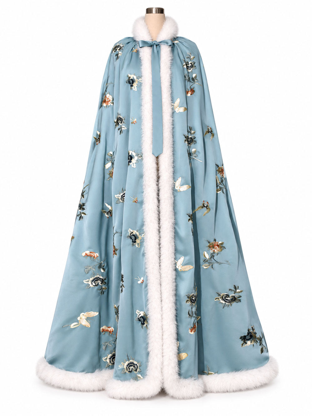 Blue Su Embroidery Hanfu Cape with Faux Fur Lining — Butterflies Among Blossoms