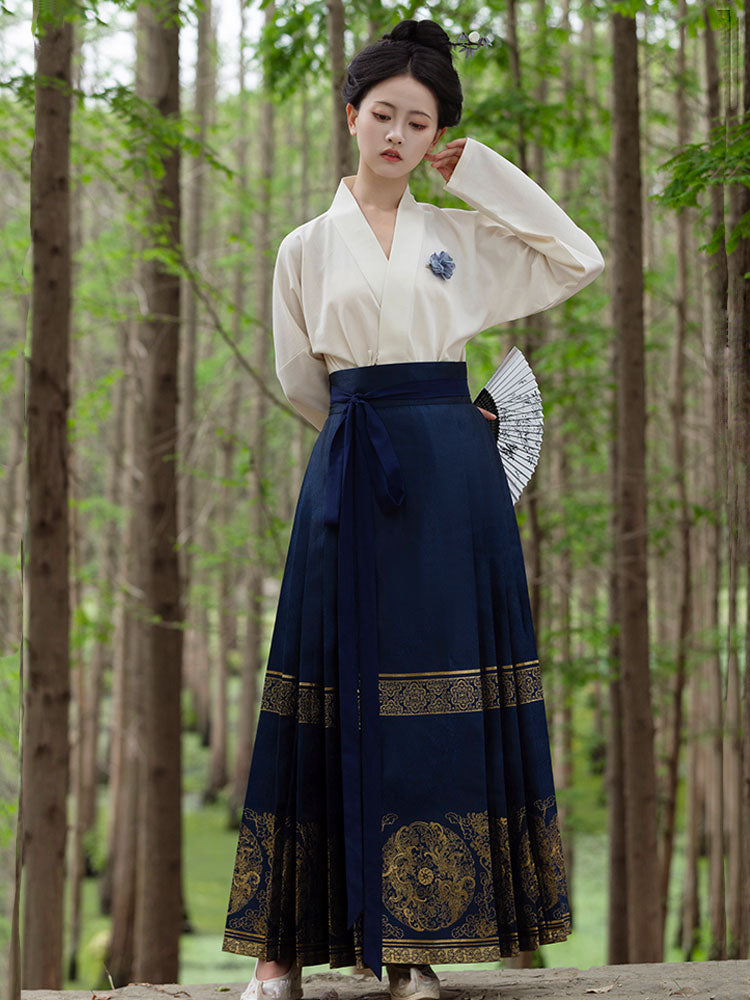 Traditional Chinese Retro Double Phoenix Pattern Woven Gold Mamianqun Skirt-02