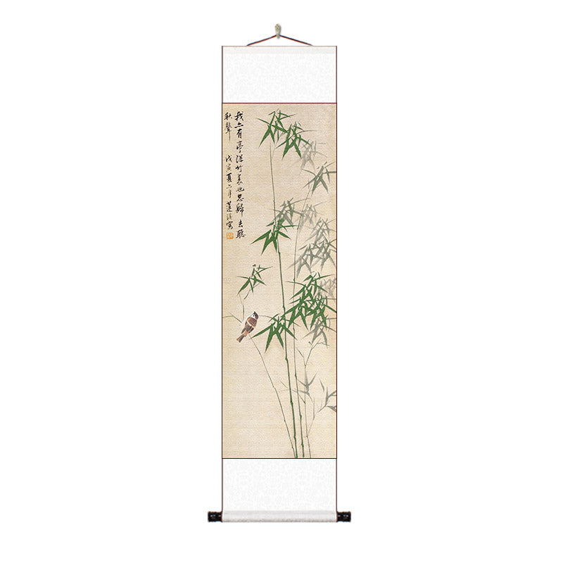 Modern Minimalist Chinese-Inspired Bamboo and Bird Scroll Hanging Art for Space Decoration - Art Decor Painting-05