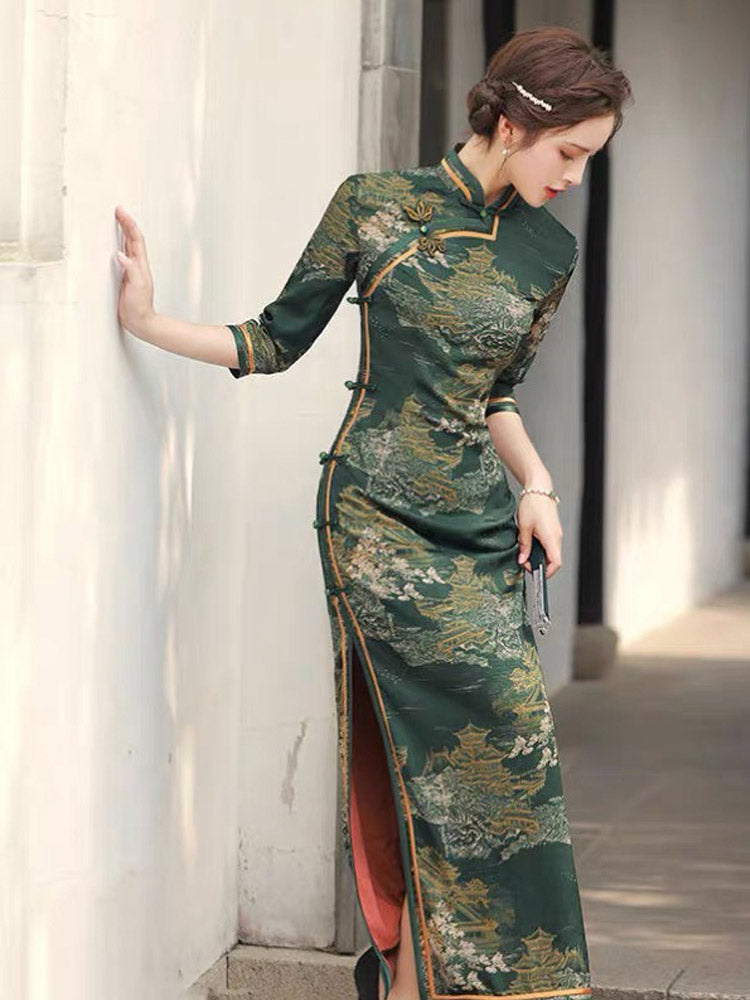 Vintage Ink Green Chinese Ancient Architecture Printed Mid-sleeve Cheongsam Dress-05