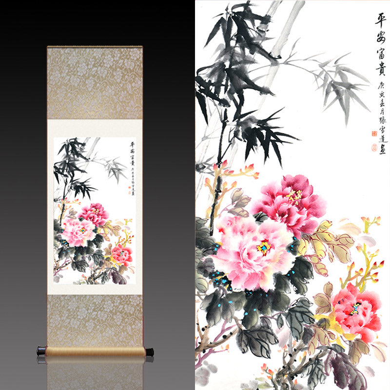 "Peace and Prosperity" Silk Scroll Hanging Painting Reproduction with Bamboo and Peony, a Home Wall Decorative Art Piece-04