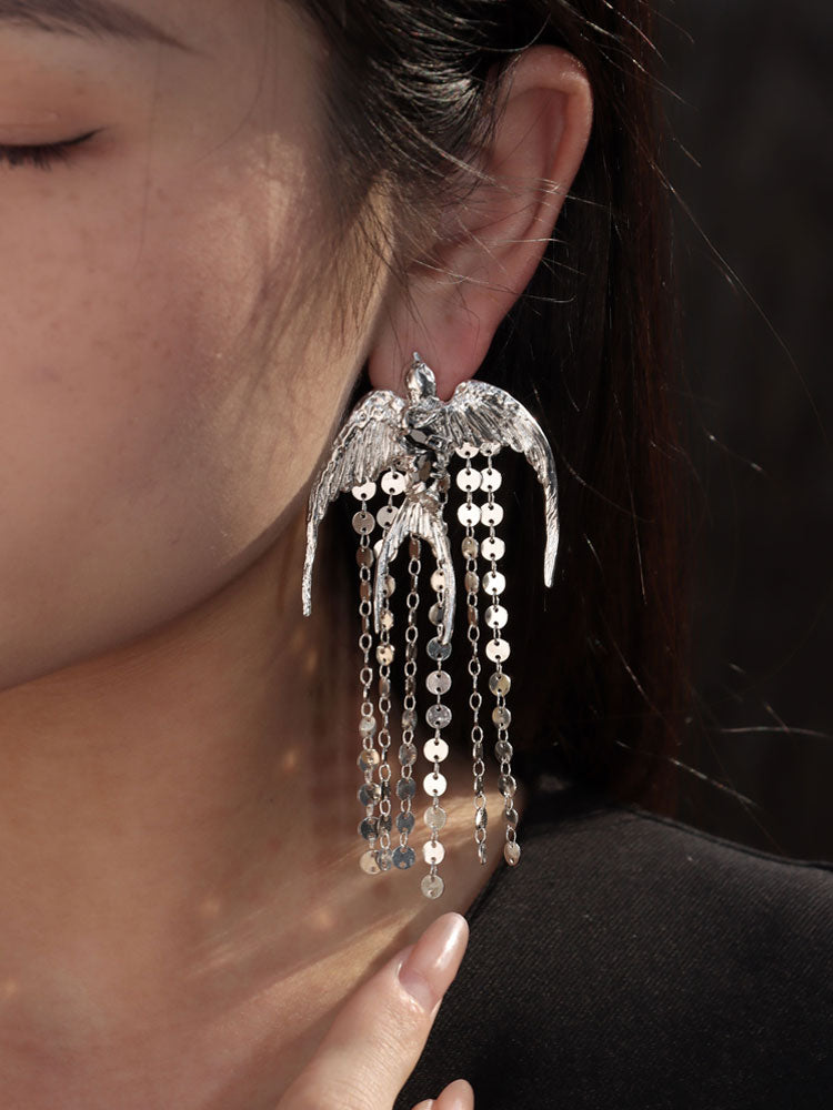 The Swallow S930 - Handforged Chinese Swallow Earrings in Sterling Silver with Delicate Tassels-05
