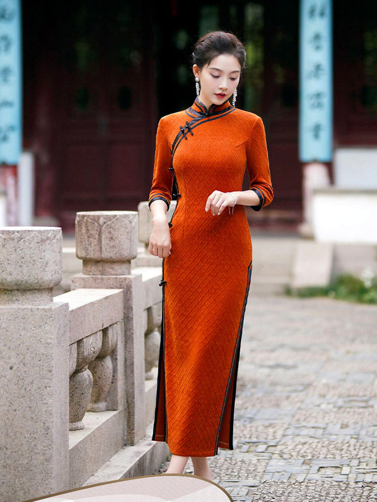 Orange with Black Trim Vintage Geometric Embossed Cheongsam Dress for Women-05
