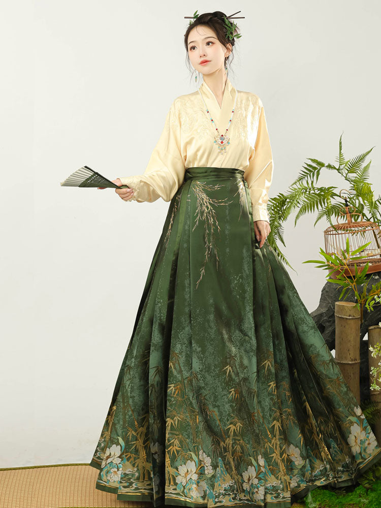 Flickering Bamboo Shadows - Green Vintage Woven Gold Mamianqun Skirt-05