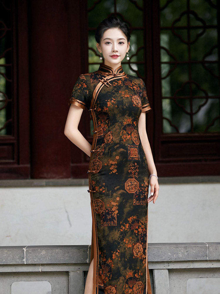 Chinese Style Classic Festive Vintage Red Cheongsam Dress with Floral Print for Women-05