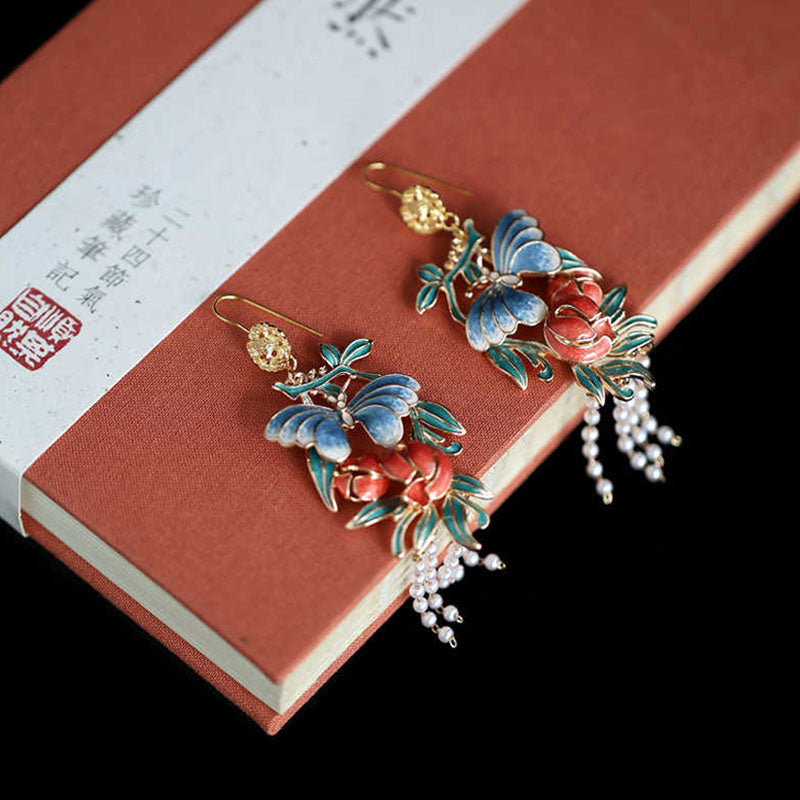 Ancient Chinese Style Butterfly and Flower Artificial Pearl Tassel Earrings-03