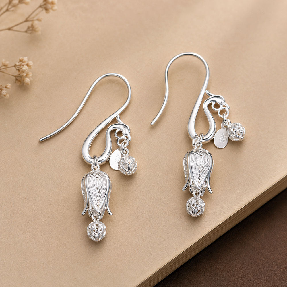 Phoenix & Lily of the Valley Filigree Drop Earrings in 999 Fine Silver-05