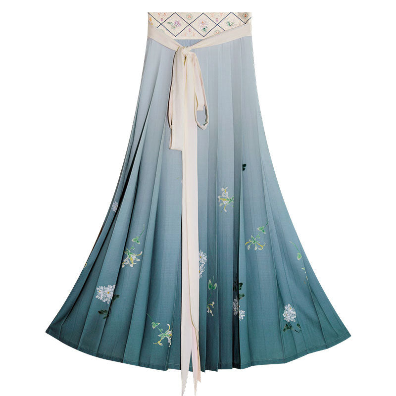Graceful Vintage Ombre Blue Embroidered Flower Modern Hanfu Skirt Inspired by the Song Dynasty