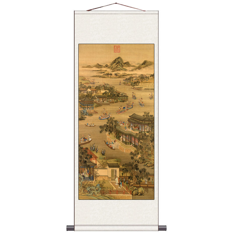 Leisure Time at the Yuanmingyuan in the Twelfth Month of the Yongzheng Reign - Traditional Chinese Silk Scroll Painting Reproduction-05