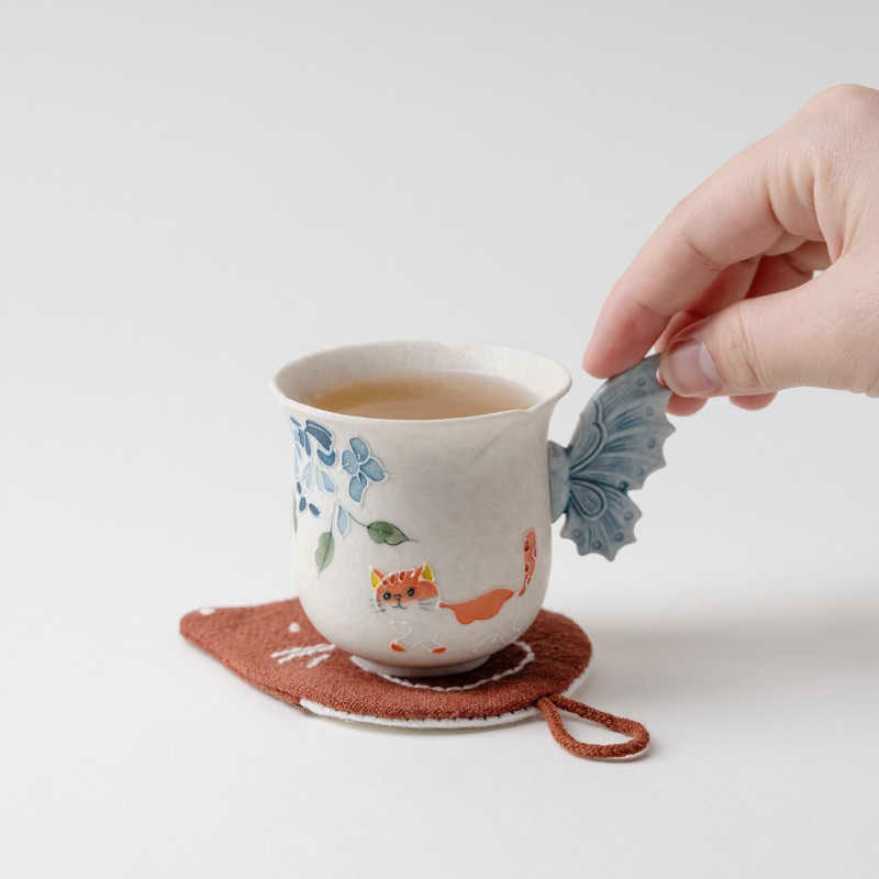 Blue Windflower & Ginger Cat Hand-Painted Ceramic Cup-07