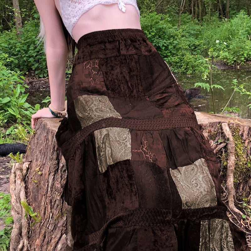 Vintage Velvet Patchwork Retro Tribal Print Skirt: Embrace the Wasteland Fashion Trend-05