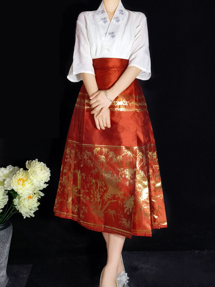 Chinese-style Mang or Bamboo Pattern Mid-Length Hanfu Mamian Skirt-07