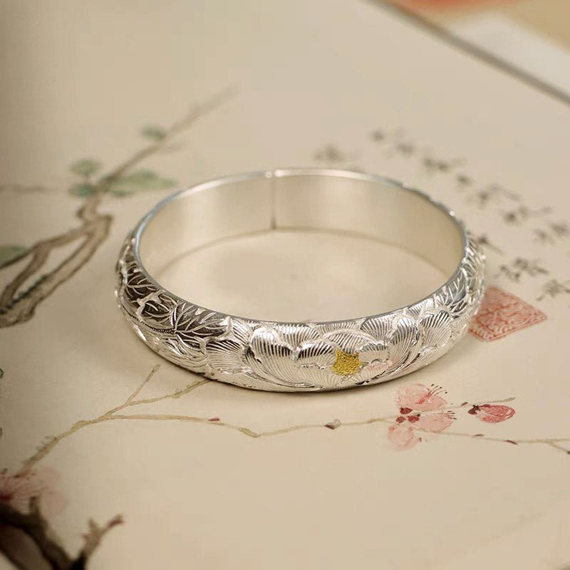 Hand-Carved Chinese Style Vintage Peony Pattern Pure Silver with Gold Inlay Opening Bangle Bracelet-06
