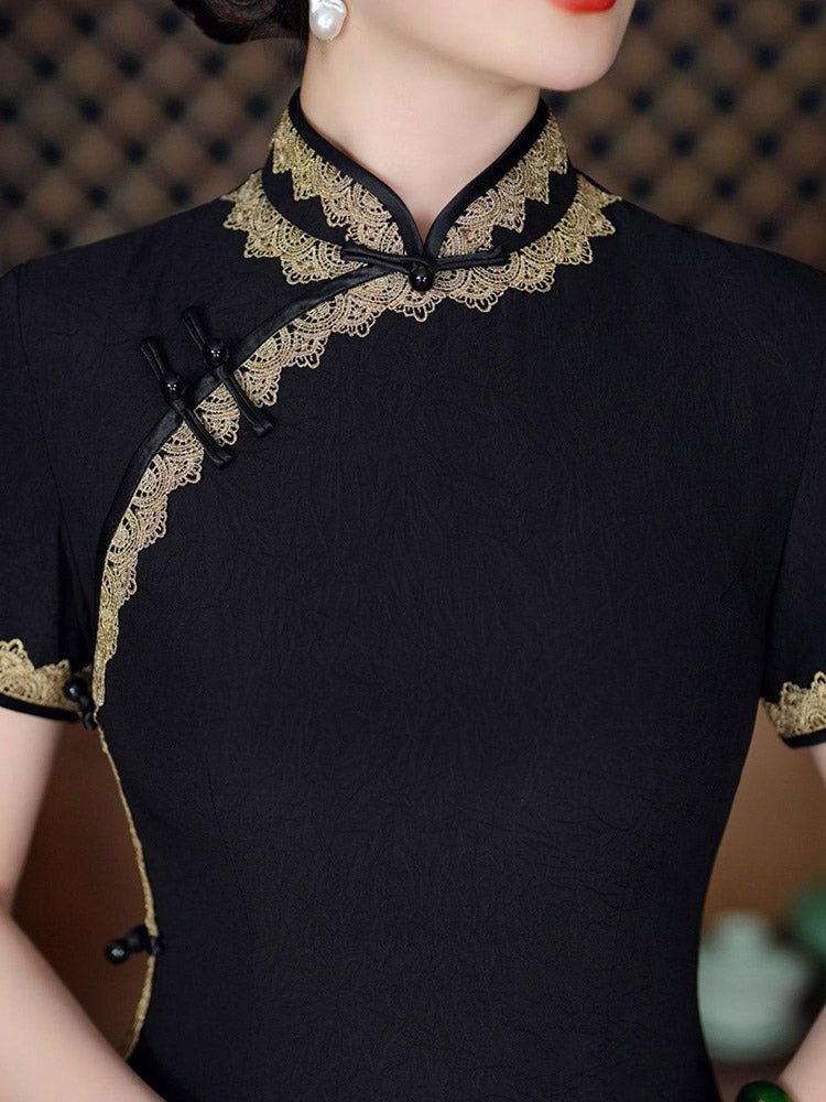 Vintage Elegant Black Long Cheongsam Dress with Lace Trim-05