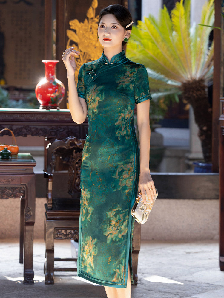 Green Vintage Chinese Style Peony Print Cheongsam Dress for Women-04