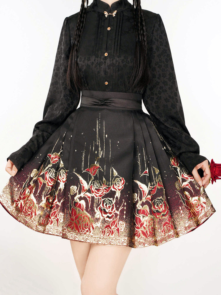 Gilded Roses – Mini Brocade Neo-Chinese Short Mamianqun Skirt-02