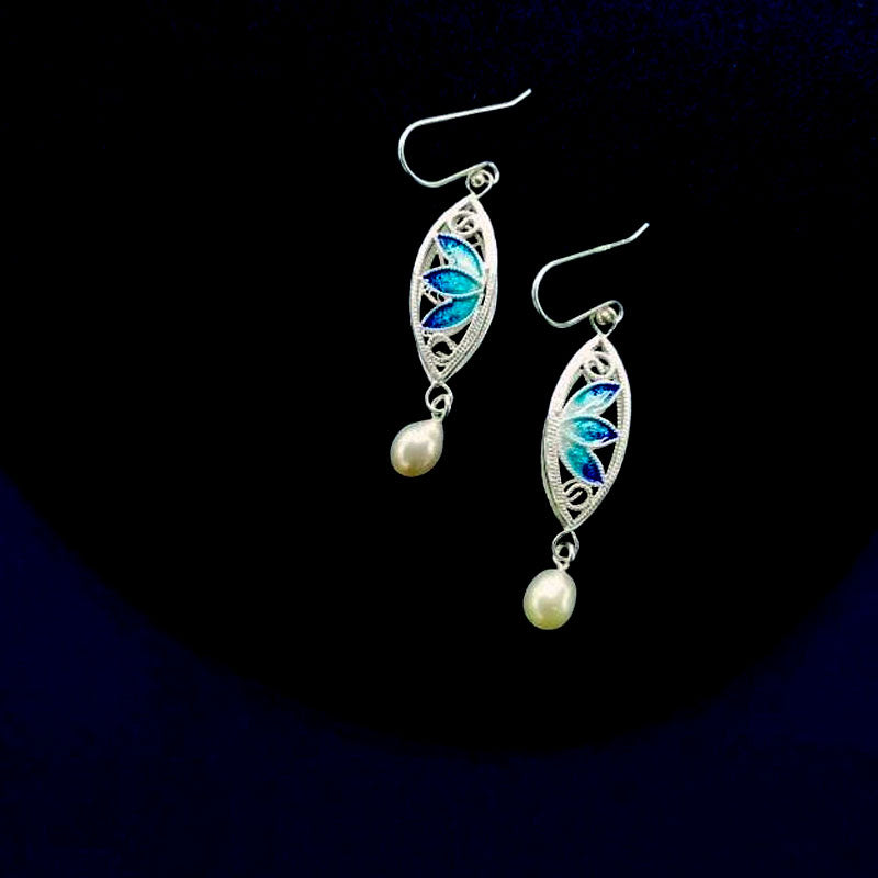 Vintage Cloisonné Silver Filigree Lotus Drop Earrings with Pearl-05