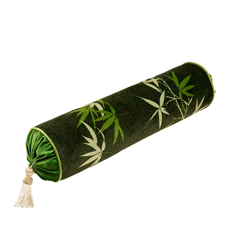 Chinese Style Long Cylinder Bolster Pillow with Auspicious Crane and Bamboo Print Decorative Throw Pillow-05