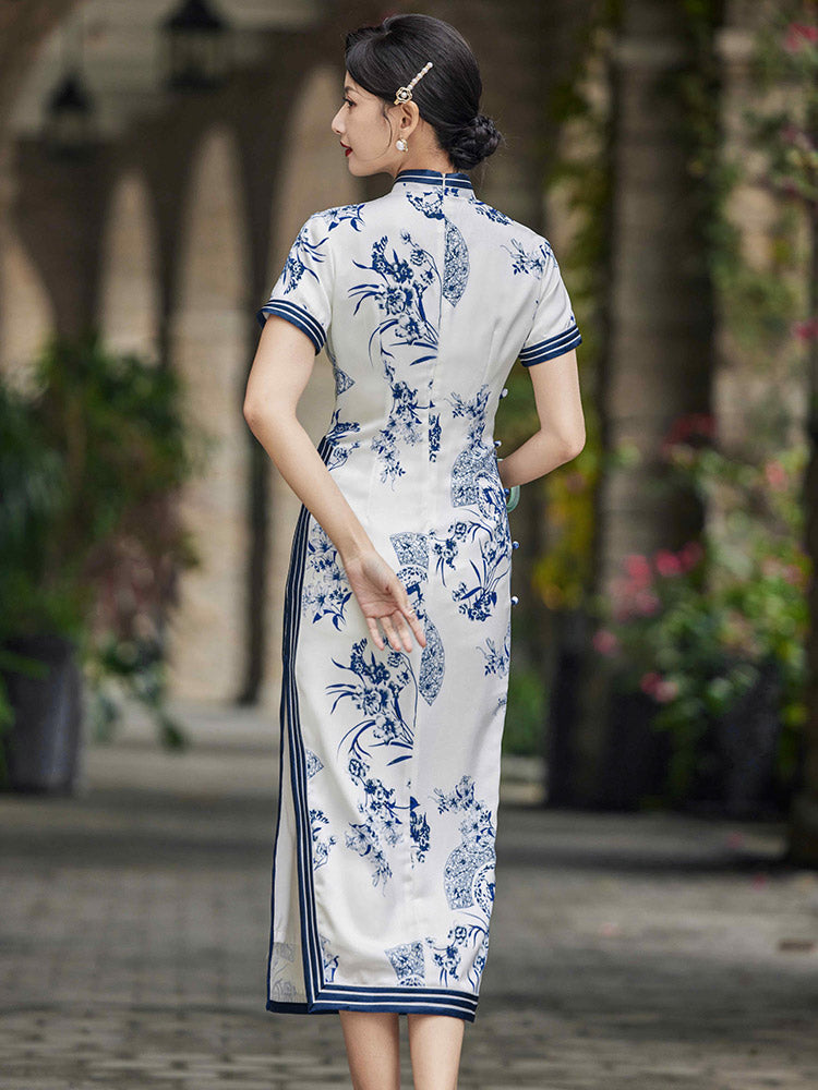 Chinese Style Classic Blue and White Porcelain Print Cheongsam Dress for Women-05