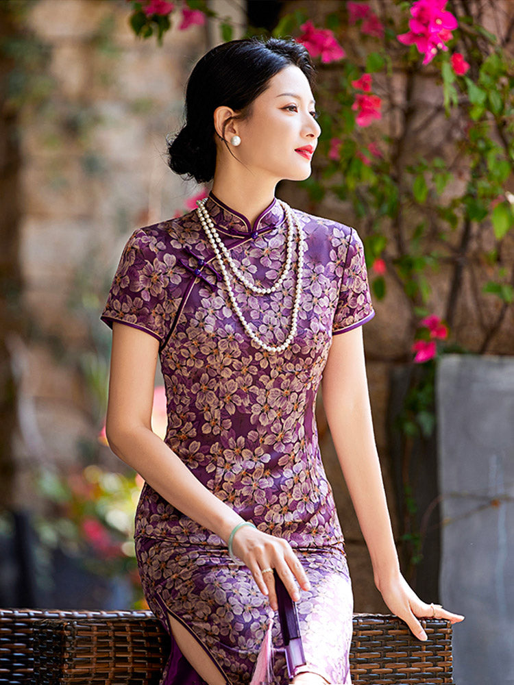 Romantic Vintage Purple Floral Printed Qipao Cheongsam Dress-05