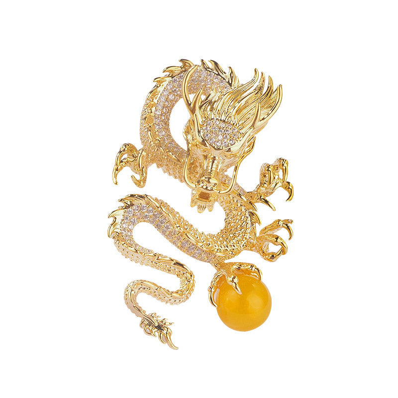 Golden Dragon Playing with Pearl - The Chinese Dragon Loong Brooch with CZ Zodiac Jewelry Gift-04