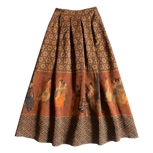 Vintage Chinese-style Mulberry Silk Court Banquet Print Retro Patterned Midi Skirt for Women-01