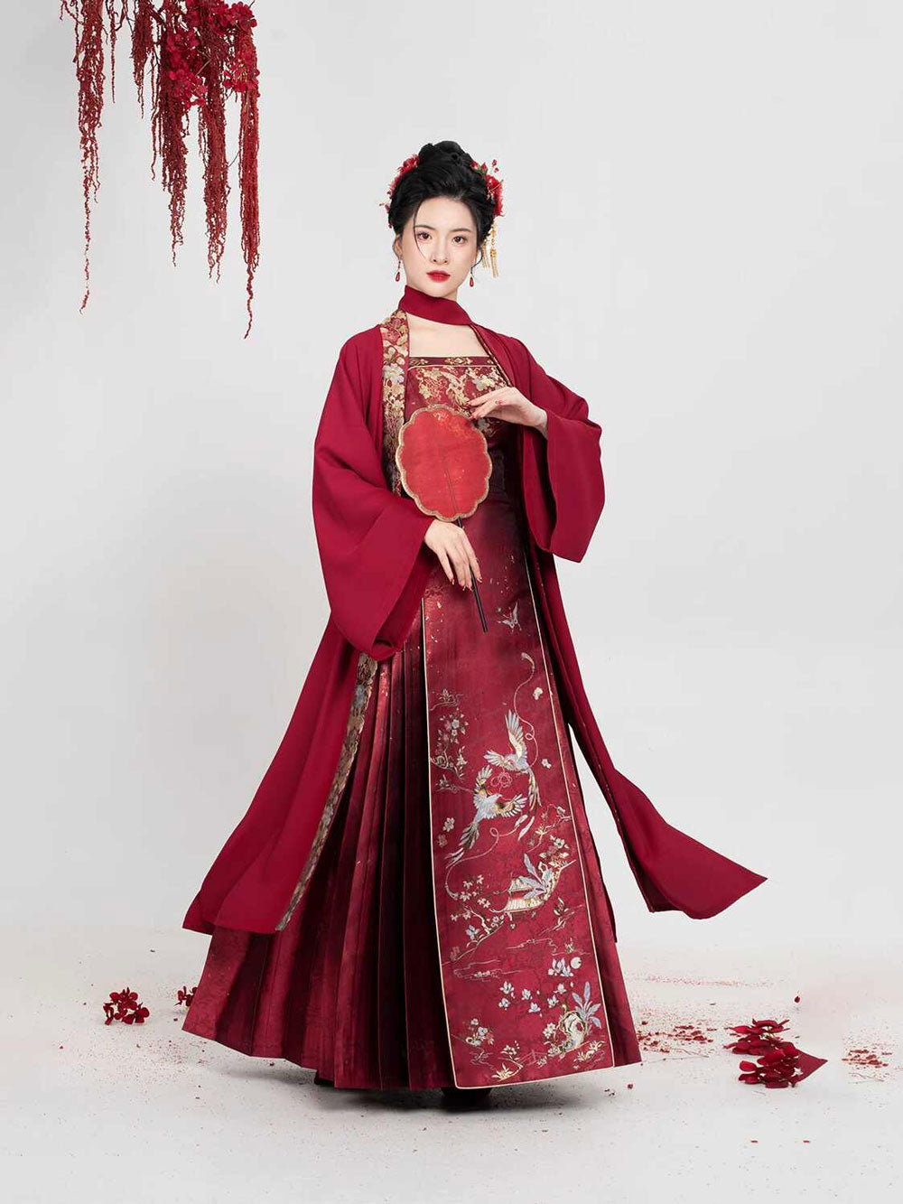 Birds & Blossoms — Ming-Style Gold-Woven Red Mamian Skirt Set-08