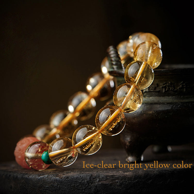 Natural Yellow Citrine Bracelet with South Red Agate Pixiu and Turquoise Beads-04