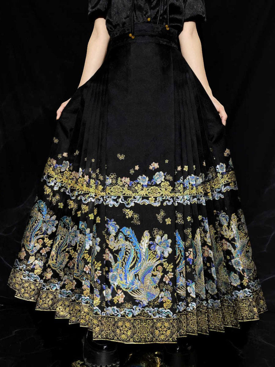 Phoenix in Flight Brocade Mamian Skirt – Ming-Style Woven Gold Hanfu Skirt-05