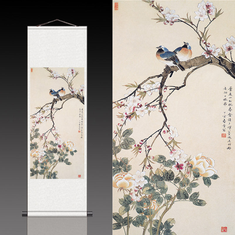 Traditional Chinese Paiting Reproduction Flower and Bird「Peace and Prosperity」Silk Scroll Hanging Painting Wall Decoration Art-02