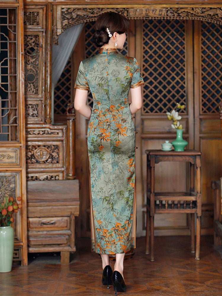 Chinese Style Vintage Bamboo Leaf and Flower Printed Cheongsam Dress for Women in Light Aqua Green Traditional Color-02
