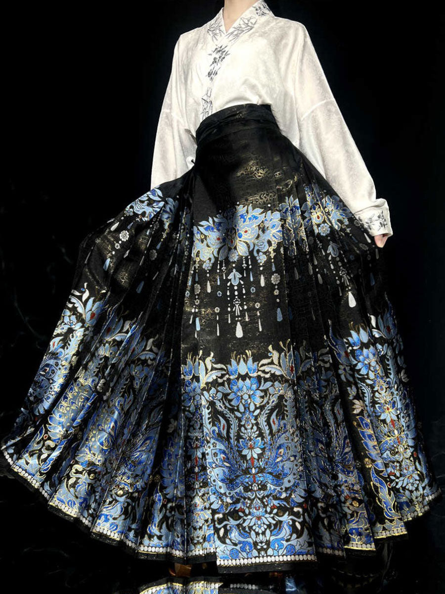 Qingluan Feather Mamian Skirt – Ming-Style Kingfisher Blue & Gold Hanfu Skirt-02