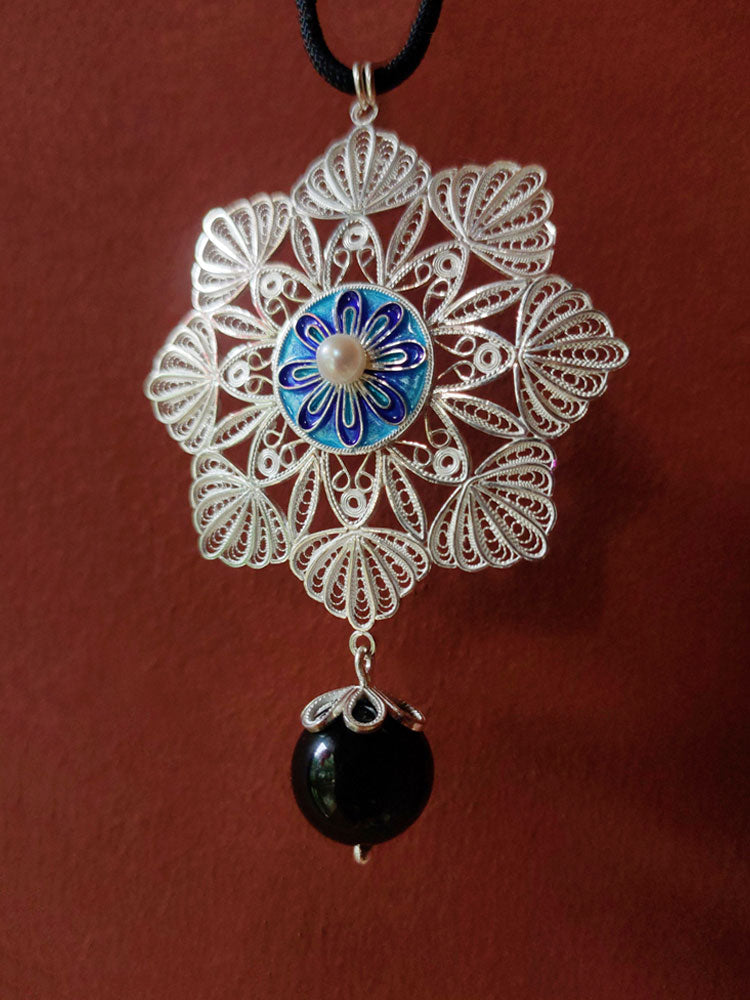 Vintage Cloisonné Silver Filigree Inlaid Freshwater Pearl Mandala Flower Necklace Pendant-05