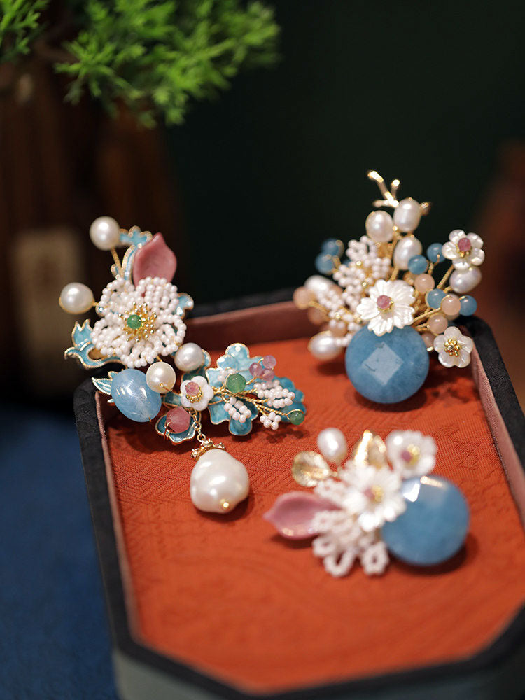 Chinese Blue Enamel Floral Hair Clip with Pearl Accents-06