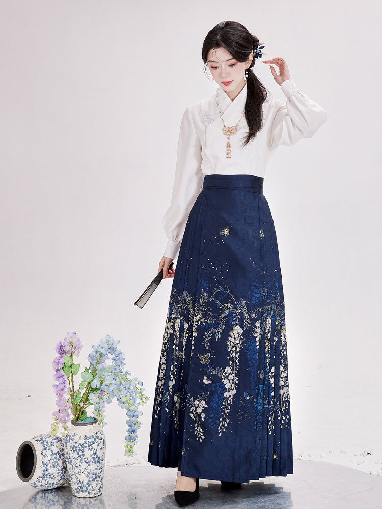 Wisteria Flower Rain Ma Mian Skirt - Modern Style Hanfu Mamianqun Daily Wear for Women-06