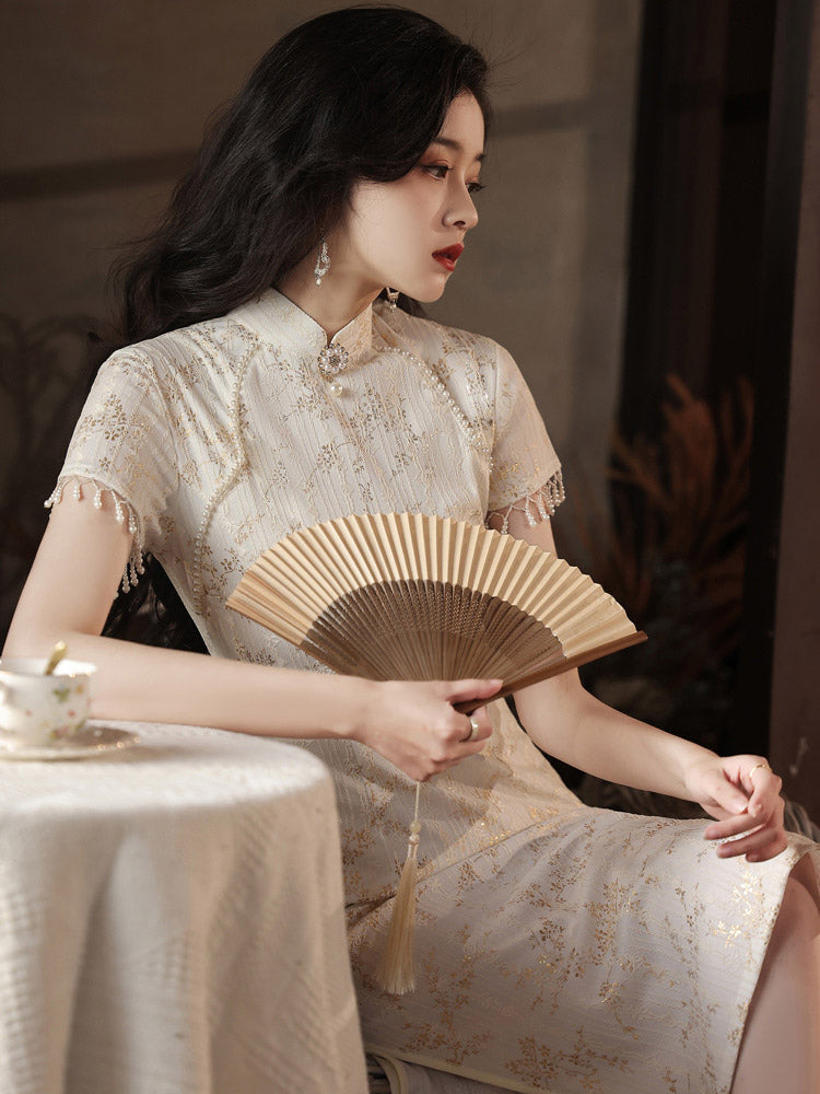 Vintage Elegant Cream White Lace Gold Foil Printed Qipao Cheongsam Dress-04