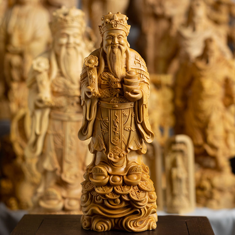 Hand-Carved Boxwood God of Wealth Statue Chinese Caishen Ye Sculpture-06