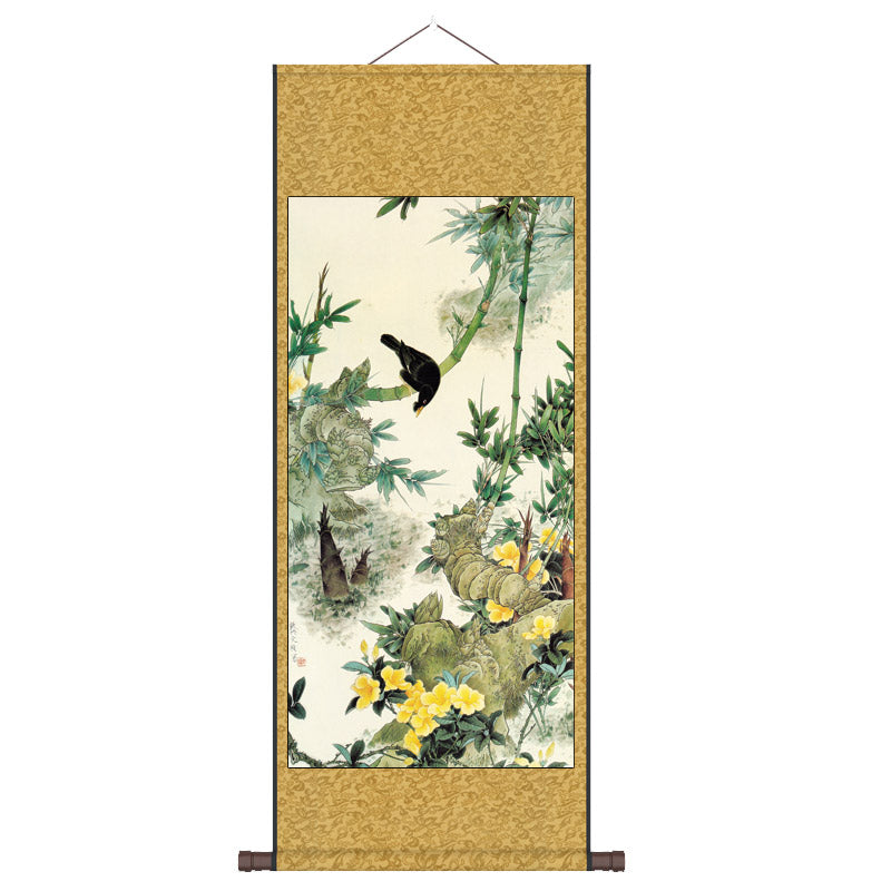"Zhu Bao Ping An" - Blessings of Peace Brought by Lucky Bamboo, Silk Scroll Hanging Painting Reproduction Wall Decor Art-05