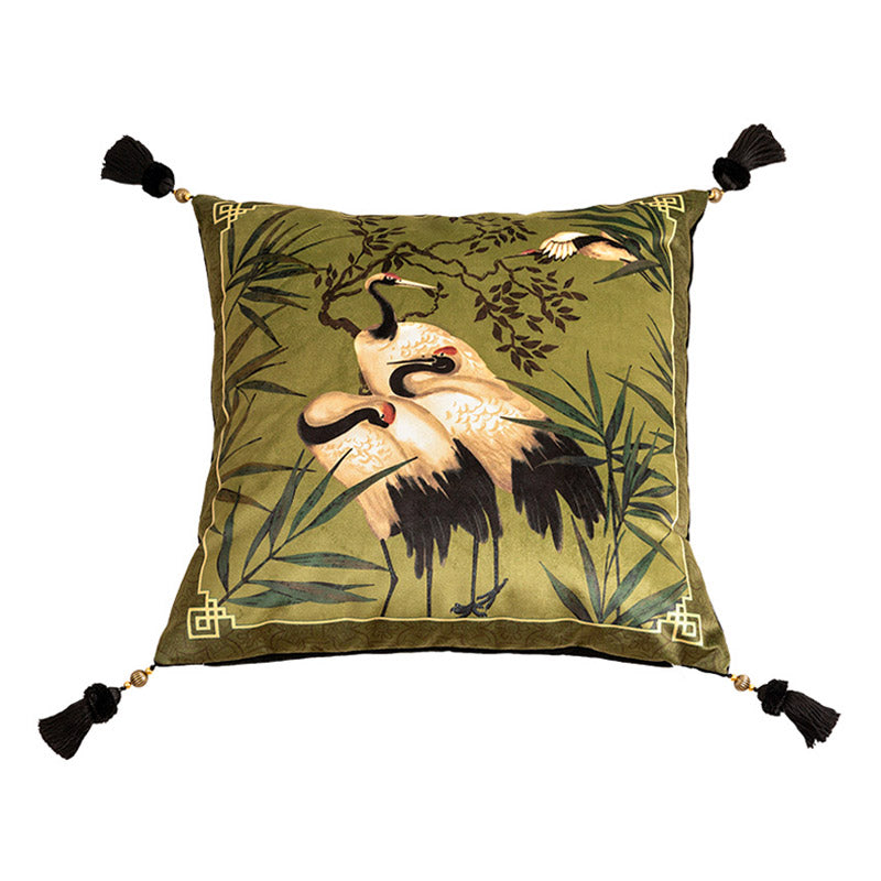 Green Chinese Style Auspicious Crane and Bamboo Series Throw Pillow-09